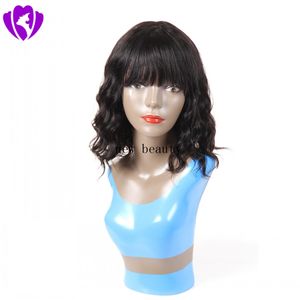 Kort Bob Style Body Wave Hår Värmebeständig Gluvlös Syntetisk Lace Front Paryker Med Bangs För Amerikanska Svarta Kvinnor