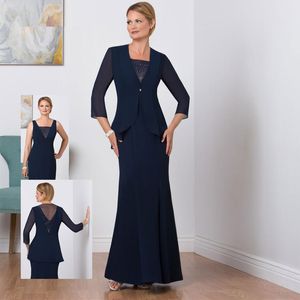 Classy Navy Blue Mermaid Mor av bruden Klänningar Beaded V Neck med Långärmad Jacka Bröllop Gästklänning Golvlängd Formella klänningar