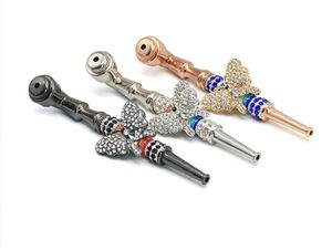 Removable and drilled trichrome metal pipe with long cigarette holder and cover animal pattern butterfly pipe