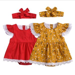 Kızlar Tasarımcı Giysi Çocuklar Çiçek Baskılı Dantel Giyim Setleri Bebek Elbiseler Tulum Kafa Suit Çocuk Yaz Sinek Kol Bodysuit YP448