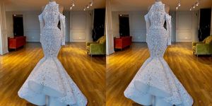 Bohemian Ienasdresses Mermaid Wedding Dresses Long Sleeve High Neck Satin Tulle Lace Applique Crystal Princess Gown Hi Lo Bridal Gowns