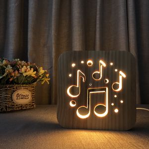 Nota Musical Forma 3D Lâmpada De Madeira Oco-out LED Night Light Branco Quente Lâmpada de Mesa USB Power Supply como Presente do amigo