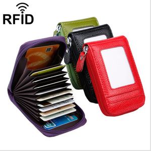 Genuine Leather Credit Card Holder Case RFID Blocking 9 Card Slots Coin Zipper Pocket Bag Bifold Women Men Wallet Gift