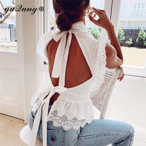 yuqung Elegant white lace blouse shirt ruffle hollow out embroidery blouse Women sleeveless backless summer lace up tops female