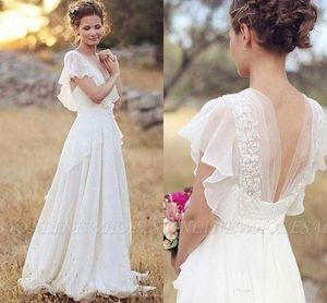 Bohemian Hippie Style Suknie Ślubne 2020 Plaża A-Line Suknia Ślubna Suknie Ślubne Backless White Lace Szyfon boho BM0864