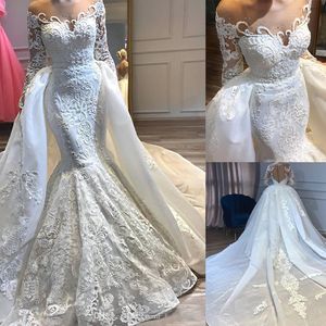 Fall Luxury Arabic Dubai sjöjungfru bröllopsklänningar med avtagbara övervakningar paljetter Sheer Neck Long Sleeve Bling Lace Bridal Gowns