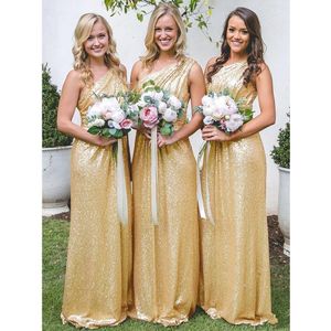 Nya Rose Gold Yellow -paljetterade brudtärklänningar för bröllop Gästklänning en axel golvlängd plus storlek formell piga av hedersklänning