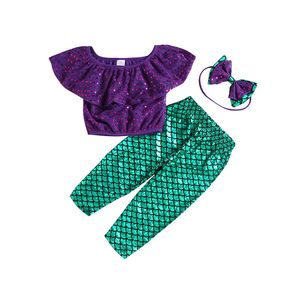 Baby girls Mermaid outfits children Off Shoulder top+Fish scale pants with headbands 3pcs/set 2019 summer fashion kids Clothing Sets C5860