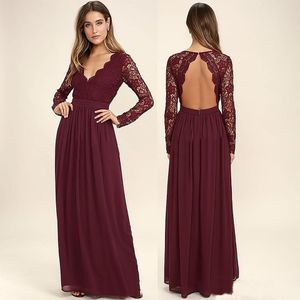 Burgundia Szyfonowe Druhna Suknie Długie Rękawy Western Country Style V-Neck Backless Long Beach Lace Top Wedding Party Dresses BD9079