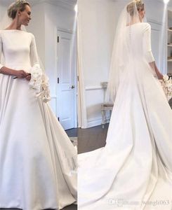 Satin New Modest Wedding Dresses Bateau Neck 3/4 Long Sleeve Covered Buttons Back Garden White Bridal Gown Vestido De Noiva