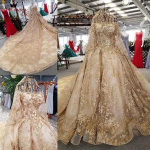 Ball Gown Fluffy Wedding Dresses Gold Lace Crystal Beaded Luxury Wedding Gowns Bridal Gown New Real Photos WD01