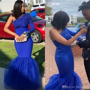 Sexy Royal Blue Mermaid Evening Dresses Off Shoulder Lace Appliques Tulle Black Girl Floor Length Prom Dresses Party Gowns Custom Made