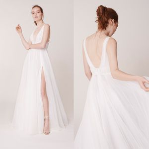 Mütevazı Bir Çizgi Rita Vinieriis Bohemian Elbiseler V Boyun Kolsuz Dantelli Bölünmüş Backless Gelinlikler Kat Uzunluk Robe de Mariée