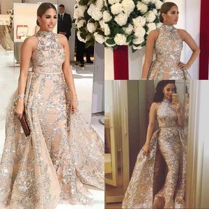 New Sexy Arabic Sier Sequins Evening Dresses Wear Mermaid High Neck Sequined Lace Long Sweep Overskirt Detachable Train Party Prom Gowns