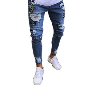 Mens hål broderade jeans mode trend smal lyx demin byxor designer manlig avslappnad låg midja jean byxor storlek s-3xl