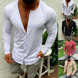 Básico Moda Casual Mens Slim Fit Botão Pescoço V manga comprida Muscle t-shirt cor sólida Tops Casual