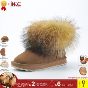 Inoe Cow Suede Läder Real Big Fox Fur Korta Ankel Kvinnor Vinter Snö Stövlar för Kvinnor Vinterskor Svart Brun Slip Sole