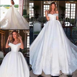 Prosta Tanie Lace Up Gorset Powrót Suknie Ślubne Suknie Balowe Bridal Suknie Bez Rękawów Off Ramię Suknie Ślubne Petity Plus Size