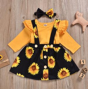 Vestiti per ragazza floreale Pagliaccetto manica arricciata Gonna girasole Fascia per capelli 3 pezzi Imposta Toddler Girls Bretella Gonna Tute Abiti per bambini 4 lotti DW5145