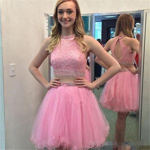 Homecoming Cute Pink Dresses Two Piece Lace Crystal Jewel Neck Beaded Collar Juniors Graduation Tail Party Prom Gown