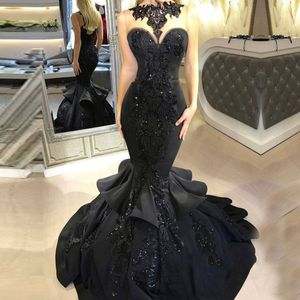 2020 Sexy Nude Black Mermaid Evening Dresses Ruffles Bing Bling Sequins Lace Crystal Jewel Dresses Evening Wear Prom Formal Dress Plus Size