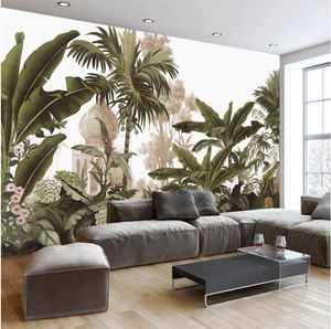Living room TV wallpapers Hand painted retro rural rainforest background wall American jungle Flamingo mural wallpaper