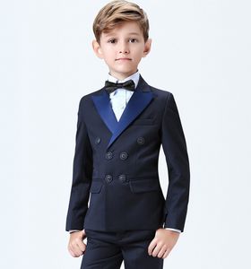 Beliebter Doppelbrust-Spitzen-Revers-Kind Komplett Designer hübscher Junge Hochzeitsanzug Jungen kleiden maßgeschneidert (Jacke+Hosen+Bogen+Weste)