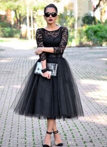 Modern kort svart spetste längd aftonklänningar 3/4 långa ärmar juvel en linje svart aftonklänningar spets långa festklänningar