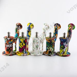 Water Hookahs Transfer Printing Silicone Pipe Rig Unbreakable Dab With Stainless Steel Nail Dabber Jar Container 439