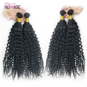 Afro Kinky Kıvırcık I ucu Saç Uzatma İnsan 1 G / S 100s İtalyan Keratin Önce Bonde Saç Doğal Renk Bakire Saç 14