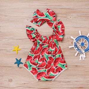 Bebê recém-nascido Meninas Melancia Imprimir Manga Curta Em Torno Do Pescoço Bowknot Bodysuit Headband 2 pçs / lote conjunto algodão casual verão romper