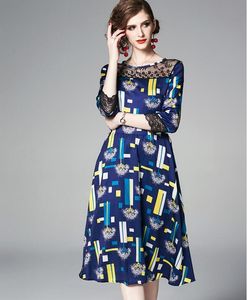 2019 크루 넥 기하학적 프린트 블루 A 라인 여성 드레스 1/2 슬리브 무릎 길이 런웨이 드레스