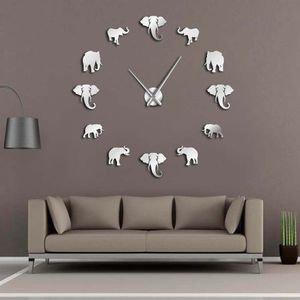 Jungle Animals Elephant DIY Duży Zegarek Wall Home Decor Nowoczesne Design Lustro Efekt Giant Bezramowe Słonie DIY Zegar Zegarek Y200109