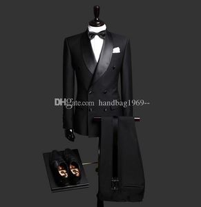 Yeni Popüler Side Vent çift Breasted Siyah Damat smokin Şal Yaka Groomsmen Mens Suits Düğün / Gelinlik / Akşam Blazer (Ceket + Pantolon + Kravat) K473