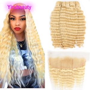 Indian Raw Virgin Hair 3 Bundles With 13X4 Lace Frontal Blonde Deep Wave Curly 613 Color New Products With Baby Hairs Ear To Ear