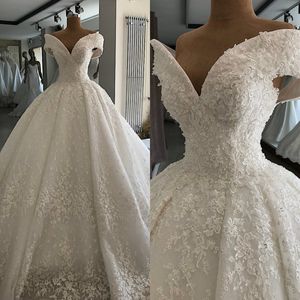 Robe de Mariee Luksusowe Dostosowane Aplikacje Frezowanie Rocznika Suknie Ślubne 2020 Off Ramię Koronki Wedding Suknie Kaplica Dress