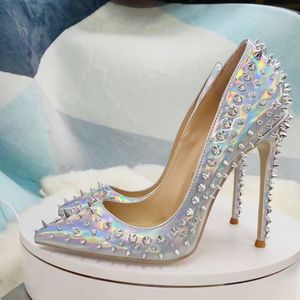 Free shipping fashion Women pumps sexy lady silver patent leather spikes point toe bride wedding shoes high heels Designer pumps