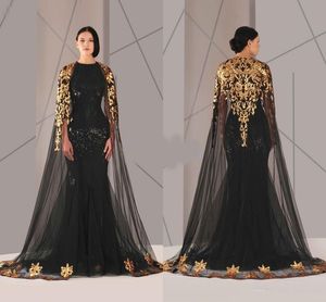 Svart arabiska muslimska kvällsklänningar Tulle Cloak Gold och Black Sequins Crew Neck Plus Size Mermaid Formell Wear Long Pageant Prom Dress