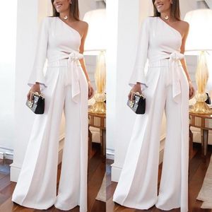 White One Shoulder Women Jumpsuits Prom Dresses Long Sleeve Evening Gowns Pant Suits Plus Size Casual Party Dress