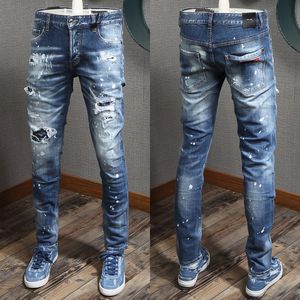 Blå jeans Herr Patchwork Patches Söm Detalj Elastiska Damage Denim Byxor Ripped Effect Cowboy Byxor