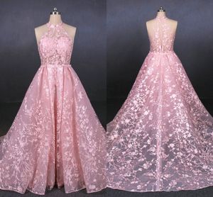 2020 Gothic Pink Nigerian Lace Wedding Dresses Detachable Train High Neck See Though Top berta wedding dress South African Bridal Gowns