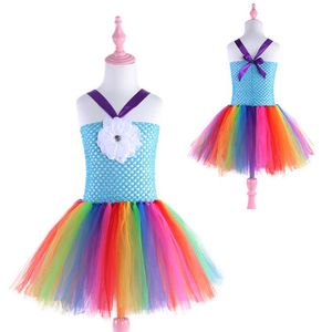 Crianças européias e americanas Princesa vestido arco -íris colorido de renda artesanal tutu vestido de férias de férias de vestido de noiva curto vestido de noite