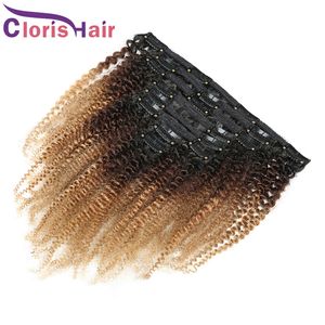 Bal Sarışın Ombre Afro Kinky Kıvırcık Klipsi Uzantılarda Ham Bakire Hint İnsan Saç Renkli 1B/4/27 Doğal Bukleler Dokuma Klipsleri 8pcs 120g/set