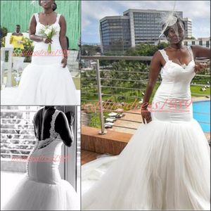Elegant afrikansk plusstorlek sjöjungfru bröllopsklänningar Backless vit billig applique tulle land arabisk brudklänning tåg brud klänning anpassning