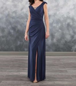 Abiti per la madre della sposa blu scuro (un po 'di stile sirena) Chiffon pieghettato con cerniera laterale trasparente con paillettes di perline