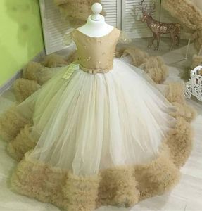 Szampan i Biały Baby Girl Birthday Party Sukienki Wzburzyć Kids Beauty Pageant Flower Girls Dresses Primera Comunion