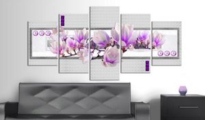 HD Fashion No Frame5pcs Set Modern Poster Purple Magnolia Flower Art Print Frameless Canvas Målar Väggbild Hem Dekoratio231h