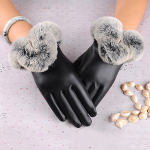 Fashion-Women Warm Thick Winter Gloves Leather Elegant Girls Brand Mittens Free Size With Fur Female Touch screen Gloves