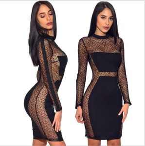 مثير يا الرقبة انظر من خلال اللباس Bodycon الأسود خياطة فساتين مصغرة المرأة طويلة الأكمام vestidos حزب clubwear bodycon اللباس 2019