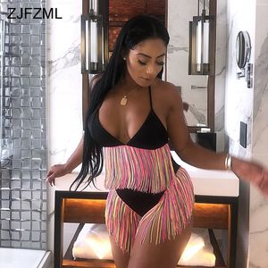 Zjfzml Colorful Tassels Summer Two Piece Set Women Halter V Neck Backless Crop Top+purple High Wiast Short Sexy 2 Piece Outfits C19021601